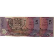 AUSTRALIA 1995 . FIVE 5 DOLLAR BANKNOTES . EVANS/FRASER . CONSECUTIVE PAIR . NARROW BAND